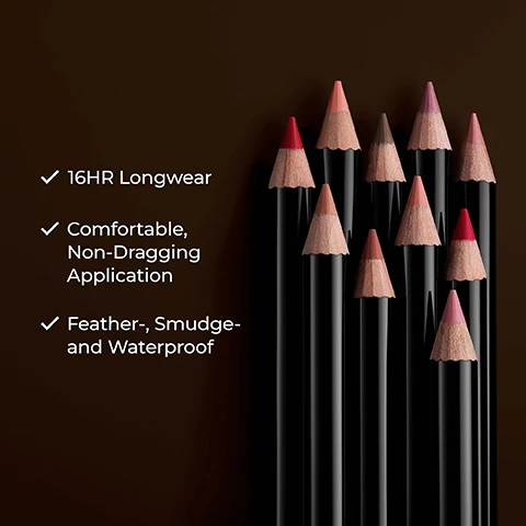 image 1, 16 hour longwear, comfortable non dragging application, feather smudge and waterproof. image 2, french hyaluronic acid = plumps, hydrates and reduces the appearance of fine lines on lips. vitamin e - helps protect and promote lip healing. image 3, a flawless lip routine. 1 = line with caviar perfecting lip liner. 2 = colour with caviar smoothing matte lipstick. image 4, pro parings. caviar perfecting lip liner with their matching cavier smoothing matte lipstick.