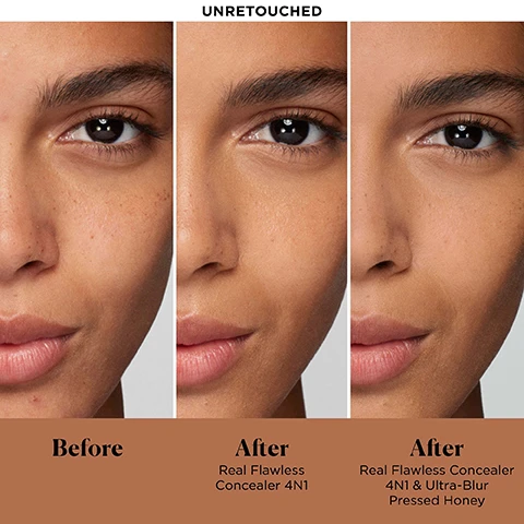 Image 1, before, after real flawless concealer, after real flawless concealer and ultra blur pressed honey. image 2, find your shade. translucent ideal for fair to medium skin tones. translucent honey ideal for medium skin tones. translucent medium deep ideal for medium deep to deep skin tones. models shown are for shade matching purposes only. image 3, hyaluronic acid = provides all day comfort on all skin types. amino acid and silica powder = creates a soft focus, ultra blurring finish. white lily = prevents oxidation and photo flashback. image 4, 16 hour shine control. 24 hour cake free finish, blurs fine lines, pores and imperfection, water and sweatproof, talc free. image 5, includes puff for easy, on to go application. image 5, translucent setting powder ultra blur. loose and pressed benefits = ultra blurring, soft matte finish, 16 hour wear, 16 hour shine control, all day comfort (even on dry skin types) no photo flashback. loose bonus benefit = great for baking, great for home application. pressed bonus benefit = waterproof and sweatproof, great for on the go application and touch ups.