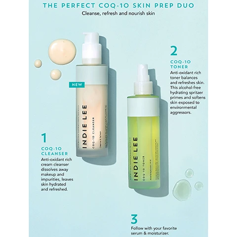 Image 1, the perfect COQ-10 skin prep duo, cleanse, refresh and nourish skin. 1 = COQ-10 cleanser, antioxidant rich cream cleanser dissolves away makeup and impurities, leaves skin hydrated and refreshsed. 2 = COQ-10 toner, antioxidant rich toner balances and refreshes skin, this alcohol free hydrating spritzer primes and softens skin exposed to environmental aggressors. 3 = follow with your favourite moisturiser. image 2, aloe papaya and sage - smooths, nourishes and clarifies skin for an ultra smooth complexion. grape seed and jojoba oils - clean and nourish skin without making it greasy. COQ-10 - provides nutrients and powerful antioxidant benefits. cucumber - refreshes and conditions the skin.
