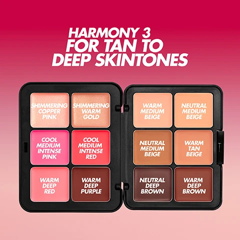 Image 1, harmony 3 for tan to deep skin tones. shades = shimmering copper pink, shimmering warm gold, cool medium intense pink, cool medium intense red, warm deep red, warm deep purple. warm medium beige, neutral medium beige, neutral medium beige, warm tan beige, neutral deep brown, warm deep brown. image 2, before, application and after.