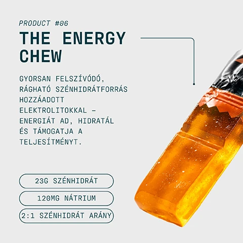 Image 1 - A partially unwrapped orange energy chewable is shown on a light grey background, angled upwards from the bottom right, with text that reads PRODUCT #06 THE ENERGY CHEW GYORSAN FELSZÍVÓDÓ, RÁGHATÓ SZÉNHIDRÁTFORRÁS HOZZÁADOTT ELEKTROLITOKKAL - ENERGIÁT AD, HIDRATÁL ÉS TÁMOGATJA A TELJESÍTMÉNYT. 23G SZÉNHIDRÁT 120MG NÁTRIUM (2:1 SZÉNHIDRÁT ARÁNY). Image 2 - A person in a wetsuit swims in dark, rippling water with white text overlaid that reads: A PRO EGY HOZZÁÁLLÁS ELKÖTELEZETTSÉG, KITARTÁS ÉS KÖVETKEZETESSÉG AZ ÉLET MINDEN TERÜLETÉN. A PRO AZÉRT KÉSZÜLT, HOGY TÁMOGASSA A CSÚCSTELJESÍTMÉNYŰ ÉLETET ÉS FIZIKAI TELJESÍTMÉNYT.