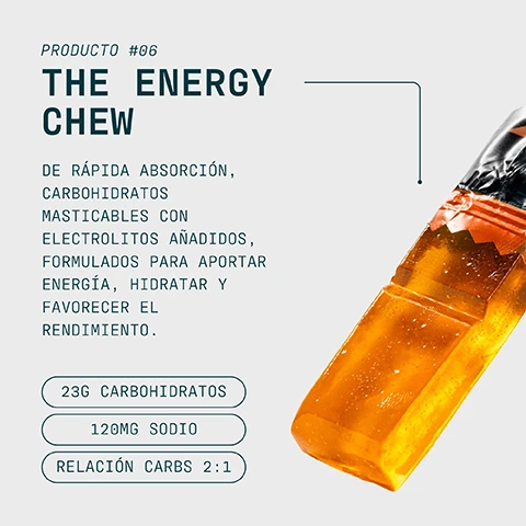 Image 1 - A transparent orange energy chew with a foil wrapper is displayed on the right, connected by a bracketed line to text on the left that reads: PRODUCTO #06 THE ENERGY CHEW DE RÁPIDA ABSORCIÓN, CARBONHIDRATOS MASTICABLES CON ELECTROLITOS AÑADIDOS, FORMULADOS PARA APORTAR ENERGÍA, HIDRATAR Y FAVORECER EL RENDIMIENTO. 23G CARBONHIDRATOS 120MG SODIO RELACIÓN CARBS 2:1. Image 2 - A person in a black wetsuit with yellow fins swims in dark, wavy ocean water with the overlay text PRO ES UNA MENTALIDAD ES COMPROMISO, DEDICACIÓN Y CONSTANCIA EN CADA ASPECTO DE LA VIDA. PRO ESTÁ CREADO PARA APOYAR UN ESTILO DE VIDA DE ALTO RENDIMIENTO Y EL MÁXIMO DESEMPEÑO FÍSICO. Image 3 - A close-up shows a person wearing black activewear with a white shirt, an orange-flavored energy chew packet tucked into a side pocket, with overlaid text reading MARCA N°1 EN NUTRICIÓN DEPORTIVA EN EUROPA, Constancia, calidad y más de 20 años haciéndolo bien, Respaldado por Euromonitor, la principal autoridad mundial en datos de mercado, Fuente: Euromonitor International Limited; edición Consumer Health 2025, ventas minoristas en valor (PVP), todos los canales de venta, datos 2024, and text on the product packet itself: The ENERGY CHEW ORANGE FLAVOUR, 23g CARBS, 120mg SODIUM.