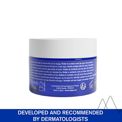 Image 1 - A blue cosmetic jar labeled 50ml with instructions in multiple languages, including Avoid contact with the eyes and Developed and recommended by dermatologists on a white background.
              Image 2 - A close-up of a woman applying a white cream labeled Enveloping velvet cream on her cheek, with text indicating Fragrance-free and DAILY FRAGILIZED SKIN positioned above.
              Image 3 - A product advertisement for CICA DAILY by Uriage featuring a blue background, a dropper bottle and cream jar, and two skin images labeled BEFORE and AFTER, with visible text stating Hydrate & repair the skin fragilized by daily aggressions and REPAIR IN 1 APPLICATION* DISCOMFORT REDNESS & SKIN MARKS BLEMISHES.
              Image 4 - Image shows two side-by-side comparisons of skin before and after treatment, with a white triangle outlined on each side; text reads BEFORE on the left and AFTER on the right, with additional text below stating REPAIRS IN 1 APPLICATION and a note indicating clinical measurement after a single application of CICA DAILY Repairing cream concentrate.
              Image 5 - An image displaying a blue jar of Uriage CICA Daily repairing cream concentrate with the text Daily Bandage Effect, repairs and hydrates in 1 application, reinforces skins barrier, and a label indicating 96% of natural origin ingredients.
              Image 6 - Image shows a graphic titled ADVANCED DERMATOLOGICAL FORMULA with sections detailing benefits of ingredients: CENTELLA ASIATICA - Repairs & protects skin, Powerful antioxidant; HYALURONIC ACID & VITAMIN B5 - Repair, plump up, soothe skin; CERAMIDES - Restructure & protect skin from external aggressions; 10.5% THERMAL-BIOTIC COMPLEX - Uriage Thermal Water & Inulin, Strengthen the physical and immune barrier & rebalance microbiome barrier.
              Image 7 - An infographic with a blue sky and snow-capped mountains shows text that reads Developed and recommended by dermatologists, Suitable for fragilized skin, Fragrance-free, High-tolerance, and 96% ingredients of natural origin, accompanied by relevant icons.
              Image 8 - A smiling dermatologist wearing glasses and a white lab coat stands in front of a plain background, with visible text stating Urban pollution can damage the skin and its microbiome. Using gel-creams with prebiotic natural substances effectively protect the skin and Dr. Karan Lal, Dermatologist.
              Image 9 - A blue serum bottle with a dropper labeled CICA DAILY Sérum réparateur intense is shown next to a blue jar labeled CICA DAILY Concentre de crème réparateur, with accompanying text indicating steps for use: 1 Intense repair and 2 Hydrate & repair.
              Image 10 - A blue jar of Uriage CICA Daily repairing cream with a white lid and a label that reads CICA DAILY, along with a badge stating RECOMMENDED BY DERMATOLOGISTS and the text in French, Concentré de crème réparateur.