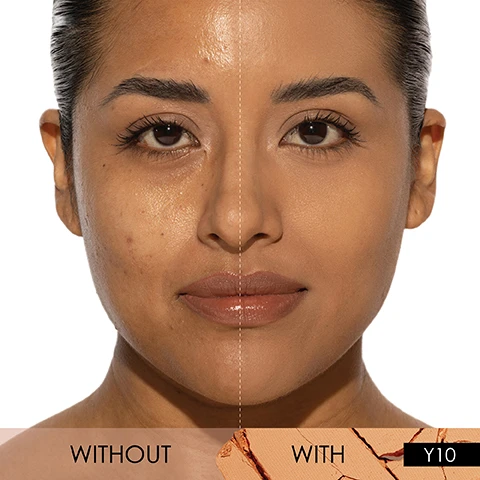 Image 1, without vs with. image 2, hyglam powder foundation - blurring flex tech hybrid formula. hy-tech skincare benefits = protects skin against environmental stressors. supports skins natural elasticity and hydration. anti-inflammatory properties. formula = matte finish, medium buildable coverage, lightweight and natural finish, flexible formula, blurs the appearance of pores. talc free. hy-luxe sponge. minimal product absorption, ensures a natural, skin-like finish. refillable pan. 36 flexible shades. image 3, swatches of deep, dark, medium light and fair-light shades on 5 different skin tones. image 4, brightening and hydrating crease-proof serum concealer plus powder foundation. how to use. step 1 = brighten and conceal to even out skin tone. step 2 = use sponge to blend the powder onto the skin for a blurring and matte finish with a medium to high coverage. image 5, shade matching chart = foundation shade to concealer shade. image 6, mattified oily skin, blurs imperfections. image 7, brush - use as a setting powder. sponge = use as a foundation