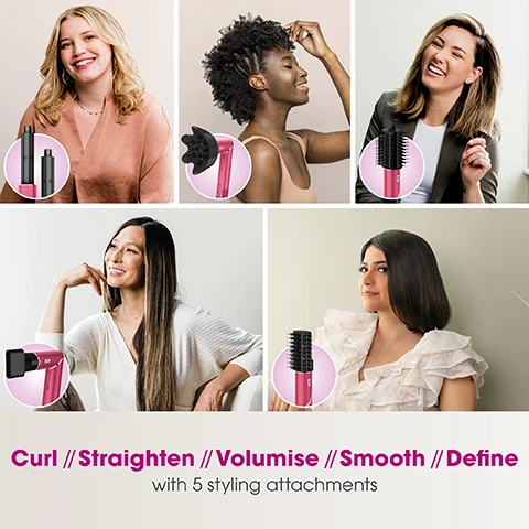 Image 1, curl, straighten, volumise, smooth and define with 5 styling attachments. image 2, style while you dry with no heat damage. flexstyle measures heat 1,000 time per second ensuring consistent air temperatures. image 3, dual bristle types. more smoothness and shine, less frizz and flyaways with a combination of boar and nylon bristles vs air drying. image 4, auto-wrap curlers. coanda technology automatically wraps, curls and sets for hassle free curls in seconds. best for straight, wavy, curly and coily. image 5, 3 heat and airflow settings. lock in your style with the cool shot button. image 6, wraps, curls and sets automatically with coanda technology. place a lock of hair near the curler and it automatically wraps, curls and sets. image 7, paddle brush. straighten while you dry for sleek, smooth styles. best for straight, wavy, curly and coily hair. image 8, oval brush. powerful airflow and a combination of boar and plastic bristles smooth and defrizz, while adding volume and bounce best for straight, wavy, curly and coily hair. image 9, curl defining diffuser. fast, even drying from root to tip. best for curly and coily hair. image 10, styling concentrator. effortlessly dry and smooth your hair at the same time. best for straight, wavy, curly and coily hair. image 11, for all hair kind.