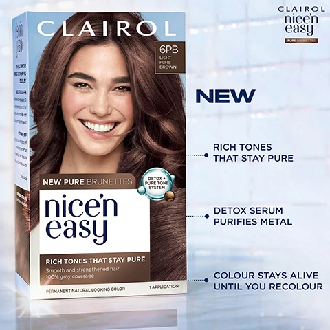 Image 1, new rich tones that stay pure. detox serum purifies metal. colour stays alive until you recolour. image 2, rich tones that stay pure. light brown, medium brown, dark brown. image 3, what's in the box? colour activator. pre colour detox serum. permanent puretone colour cream. enriched intense treatment. image 4, precolour detox serum helps purify hair from metal build up. image 5, step 1 = detox. step 2 = dye. step 3 = treat. ant then dry. image 6, before and after.