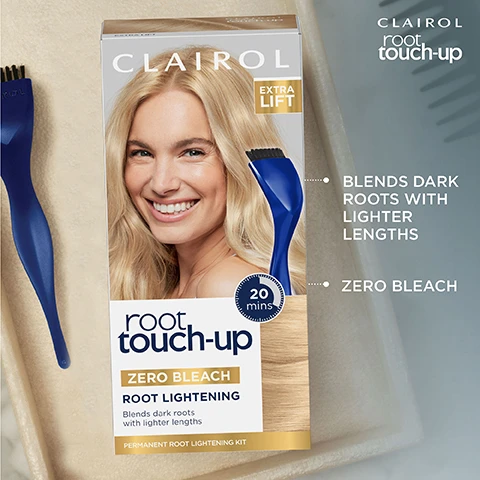Image 1, blends dark roots with lighter lengths. zero bleach. image 2, seamlessly blends dark roots with lighter lengths. before and after. image 3, what's in the box?  permanent colour cream. activator. bowl and brush image 4, zero bleach, lighten dark roots in 20 minutes. image 5, step 1 = mix. step 2 = brush. step 3 = rinse. and then dry. image 6, lightens dark roots, zero bleach.