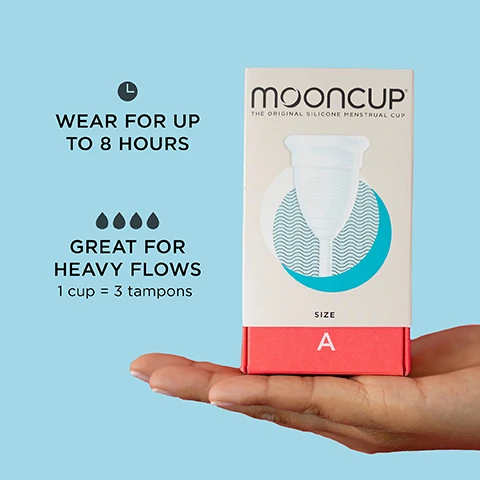 Image 1 - A person holding a box of a menstrual cup labeled mooncup with visible text stating WEAR FOR UP TO 8 HOURS, GREAT FOR HEAVY FLOWS, 1 cup = 3 tampons, SIZE A.
              Image 2 - A hand holds a translucent, medical-grade silicone menstrual cup against a light blue background, with text labels indicating features such as 100% MEDICAL GRADE silicone cup, Volume markings (inside) for EASY TRACKING, HOLDS 3X MORE than a regular tampon, External ridges for a SECURE HOLD, and Adjustable stem for OPTIMUM FIT.
              Image 3 - An image of a person holding a menstrual cup in one hand, with a chart above it titled Find Your Fit, displaying options related to childbirth and age that indicate different size recommendations: under 30 years, with options for no childbirth, vaginal birth, and caesarean, and age 30+, all with respective choices marked A or B.
              Image 4 - The image shows a person holding a clear menstrual cup against a light blue background, with the text reading THE ORIGINAL MOONCUP® TRUSTED BY MILLIONS and NO.1 CUP IN THE UK.