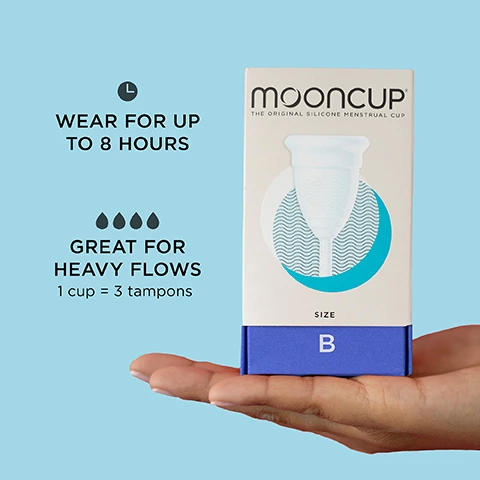 Image 1 - A hand is holding a box of Mooncup menstrual cup against a light blue background, with text stating Wear for up to 8 hours, Great for heavy flows, and 1 cup = 3 tampons, along with an image of the menstrual cup on the packaging.
              Image 2 - An individual holding a translucent medical-grade silicone menstrual cup against a light blue background, with text describing its features including 100% MEDICAL GRADE silicone cup, Volume markings (inside) for EASY TRACKING, HOLDS 3X MORE than a regular tampon, External ridges for a SECURE HOLD, and Adjustable stem for OPTIMUM FIT.
              Image 3 - An individual holds a menstrual cup with a chart in the background titled FIND YOUR FIT that helps determine the appropriate cup size based on whether the user has given birth and their age group, showing options for under 30 years and 30+ years.
              Image 4 - Image shows a persons hand holding a white menstrual cup against a light blue background, with the text THE ORIGINAL MOONCUP® TRUSTED BY MILLIONS and NO.1 CUP IN THE UK.