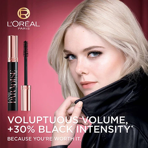 Image 1, voluptuous volume, +30% black intensity. because you're worth it. image 2, black intensity, voluptuous volume, intense length, all day wear. image 3, for all lash types. before and after. real results no retouching. image 4, 200+ bristles. soft fibre brush. opthalmologist tested - suitable for sensitive eyes. image 5, lash paradise - washable. lash paradise - forever noir. +30% black intensity. compared to lash paradise classic black