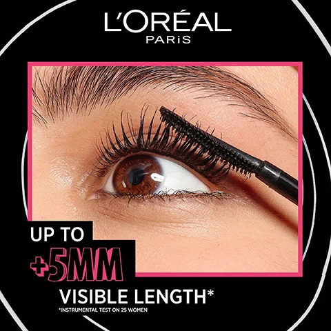 Image 1, up to +5mm visible length. instrumental test on 25 women. image 2, before and after. no lash insert no retouch. image 3, relescopic lift. our exclusive double hooked bristle brush. to catch and lengthen lashes. image 4, formula infused with ceramides. no clumps, flake proof, smudge proof.