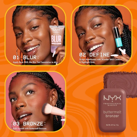 Image 1, blur = apply bare with me blur tint foundation to skin. define = sculpt cheekbones with wonder stick contour and highlight stick. bronze = add warmth with buttermelt bronzer.