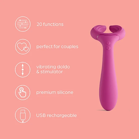 Image 1 - A purple vibrating device designed for couples, featuring a smooth body with two curved ends, accompanied by icons and text highlighting its 20 functions, suitability for couples, use as a vibrating dildo and stimulator, premium silicone material, and USB rechargeability.
              Image 2 - A purple dual-ended toy designed for stimulation, placed against a pink background, with the text Up to 32 ways to play and Stimulates multiple erogenous zones whether playing solo or with a partner.
              Image 3 - A pink vibrator with two curved ends is displayed against a light pink background, featuring text that reads 20 Functions 10 unique vibration patterns & intensities on each end to cater to every desire.
              Image 4 - A pink USB rechargeable device with a curved design and a cord connected to a USB port, with the text USB rechargeable Dont let the pleasure stop, with easy USB recharging... above it.