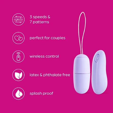 Image 1 - Image shows a lavender-colored vibrating bullet with a retrieval cord on a bright pink background, accompanied by four bullet points that read: 3 speeds & 7 patterns, perfect for couples, wireless control, latex & phthalate free, splash proof.
              Image 2 - A hand is holding a remote control device next to a vibrating egg, set against a bright pink background with text that reads Perfect for partner play and The remote control love egg can be used solo or with a partner.
              Image 3 - A light purple vibrating device with a rounded top against a pink background, with the text 10 Pleasure levels Discover the ultimate thrill with 3 speeds, 7 patterns.
              Image 4 - A hand holding a light purple love egg toy against a bright pink background, with text that reads Wireless control Use the remote to control the love egg up to 5 meters away.