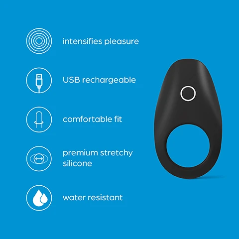 Image 1 - A black silicone device with a circular opening at the bottom, on a blue background, accompanied by text that includes intensifies pleasure, USB rechargeable, comfortable fit, premium stretchy silicone, and water resistant.
              Image 2 - Image of a black device with a central button, accompanied by text on a blue background that lists features: 3 Speeds & 7 patterns, and a description stating a range of functions to pleasure both you and your partner.
              Image 3 - An image of a black cock ring with a circular opening on a blue background, accompanied by text that reads Comfortable fit Stretchy & flexible, this cock ring will fit most penis owners.