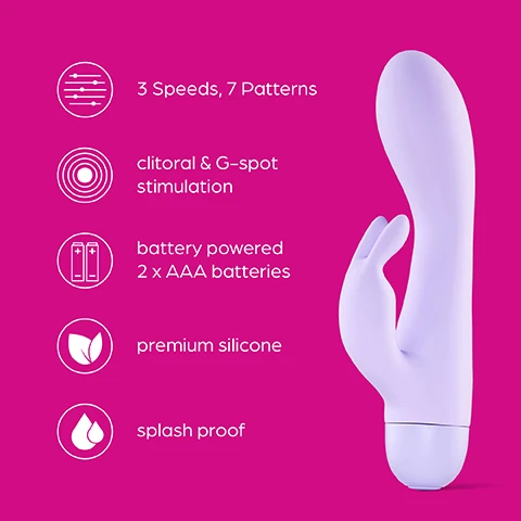 Image 1 - A purple vibrator is shown against a pink background, with icons and text highlighting its features: 3 Speeds, 7 Patterns, clitoral & G-spot stimulation, battery powered (2 x AAA batteries), premium silicone, and splash proof.
              Image 2 - Image of a purple vibrator designed for dual pleasure with curved features, against a pink background, displaying text that reads Dual pleasure Enjoy 10 pleasure functions for clitoral & G-spot stimulation.
              Image 3 - A person holding a petite purple rabbit vibrator against a bright pink background, with visible text stating Great for beginners The petite rabbit vibrator is small but mighty & is the perfect size for beginners.
              Image 4 - A flexible internal stimulator designed for G-spot and clitoral satisfaction against a bright pink background, with the text Incredibly flexible Angle and flex the internal stimulator for G-spot & clitoral satisfaction.