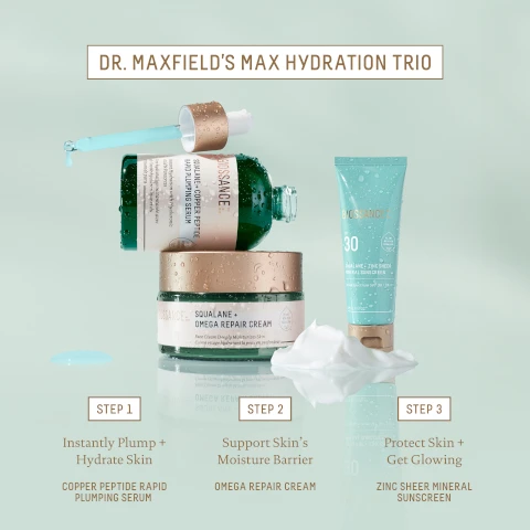 dr maxfield's max hydration trio. step 1 = instantly plump and hydrate skin with copper peptide rapid plumping serum. step 2 = support skin's moisture barrier with omega repair cream. step 3 = protect skin and get glowing with zinc sheer mineral sunscreen. BEFORE, DAY 28, SQUALANE + COPPER PEPTIDE RAPID PLUMPING SERUM, Unretouched photos. BEFORE, AFTER 28 DAYS, SQUALANE + OMEGA REPAIR CREAM, Unretouched photos. DR. MAXFIELD DERMATOLOGIST.