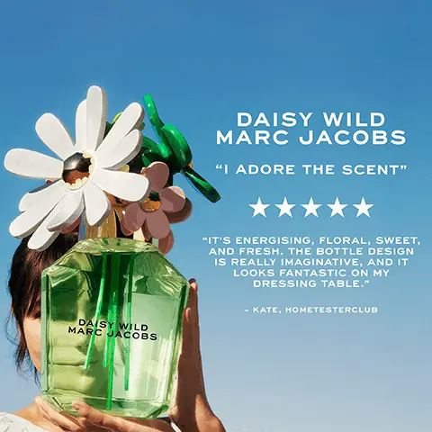 Image 1, DAISY WILD MARC JACOBS "I ADORE THE SCENT" DAISY WILD MARC JACOBS "IT'S ENERGISING, FLORAL, SWEET, AND FRESH. THE BOTTLE DESIGN IS REALLY IMAGINATIVE, AND IT LOOKS FANTASTIC ON MY DRESSING TABLE." - KATE, HOMETESTERCLUB Image 2, THE NEW REFILLABLE EAU DE PARFUM DAISY WILD MARC JACOBS BOOK YK 011M ASIVO DAISY WILD MARC JACOBS A FRAGRANCE DESIGNED TO LAST alu Image 3, DAISY MARC JACOBS DAISY WILD GREEN FLORAL BANANA BLOSSOM ACCORD JASMINE VETIVER DAISY RADIANT FLORAL WILD BERRIES WHITE VIOLET SANDALWOOD DAISY EAU SO FRESH FRESH FLORAL RASPBERRIES GRAPEFRUIT SOFT MUSK DAISY LOVE SWEET FLORAL CRYSTALLIZED CLOUDBERRIES DAISY PETALS DRIFTWOODS DAISY DAISY LOW