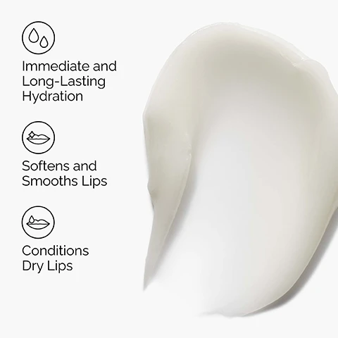 Image 1 - The image shows a white creamy product swatch on the right, with three product benefits listed on the left side, each accompanied by an icon: Immediate and Long-Lasting Hydration with a two-droplet icon, Softens and Smooths Lips with a sparkling lips icon, and Conditions Dry Lips with a lips and single drop icon. Image 2 - A close-up of a persons glossy lips and white teeth with their tongue extended, as a white product applicator touches their lower lip, next to text bubbles that read Hydrating, Softening, Barrier Support. Image 3 - Two swatches of a light-colored creamy substance are displayed on a white background, with text that reads: Key ingredients in Squalane + Amino Acids Lip Balm: Squalane Skin-similar moisturizing agent to enhance hydration. Amino Acids Hydrate and reinforce the skin barrier. Image 4 - The image presents a regimen for smooth, hydrated lips overnight, featuring a pink dropper bottle of The Ordinary PHA 5% Exfoliating Lip Serum described as TREAT Exfoliates and smooths lips while respecting the barrier, visually linked to a white pear-shaped bottle of The Ordinary Squalane + Amino Acids Lip Balm described as SEAL Soften, nourish and boost moisture within the lips.