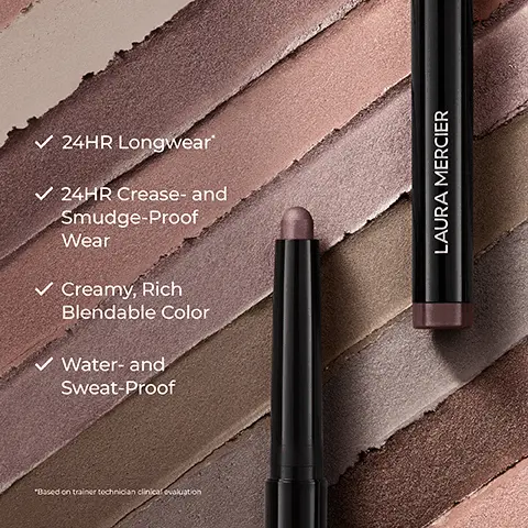 24hr longwear, 24hr crease-proof and smudge-proof wear, creamy, rich blendable color, water and sweat-proof. Based on trainer technician clinical evaluation. Smooth, gliding color laydown, raspberry stem cells. Hydrates and primes skin hyaluronic acid. Lustrous, high-impact shimmer multi-dimensional pigments. Mix and match find your finish, matte velvety creamy matte, roseglow universally flattering rosy pearls, shimmer illuminating tonal pearls. A flawless routine eyes that shine. Step 01 caviar stick eye shadow shimmer. Step 02 caviar tightline eyeliner. Step 03 caviar extravagant mascara.