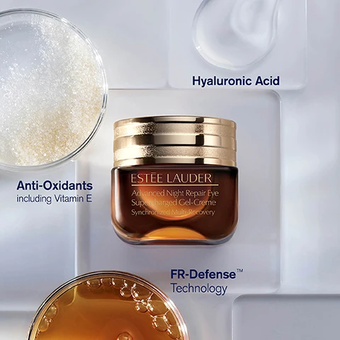 Image 1 - A jar of Estée Lauder Advanced Night Repair Eye Supercharged Gel-Crème is positioned at the center with a golden lid, surrounded by a glass dish of white granules, a clear gel, and a liquid with bubbles, featuring text that reads Anti-Oxidants including Vitamin E, Hyaluronic Acid, and FR-Defense Technology.
              Image 2 - A flat lay of skincare ingredients includes a jar of Estee Lauder Revitalizing Supreme+ cream, surrounded by circular containers holding cactus leaves, a white flower, seeds, and a creamy substance, with labels reading Hyaluronic Acid, Cactus Stem Cell Extract, Hibiscus Morning Bloom Extract, and Moringa Extract along with their respective benefits: Nourish + Plump, Strengthen Barrier, Lift + Firm, and Anti-Oxidant Power.