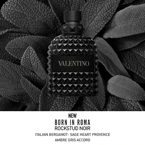 Image 1, new born in roma, rockstud noir. italian bergamot, sage heart provence, ambre gris accord. image 2, new born in roma rockstud noir and pink PP rendez-vous