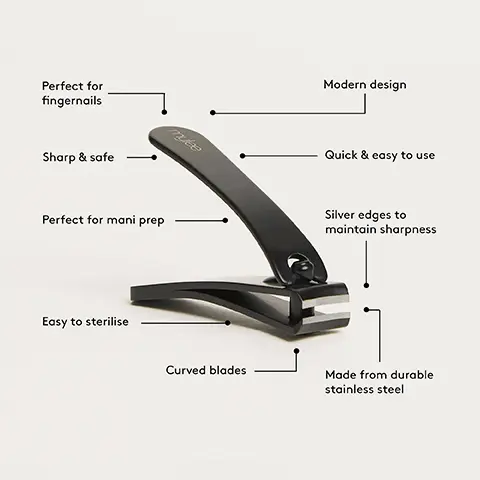 Image 1, Perfect for fingernails Sharp & safe Perfect for mani prep Easy to sterilise mybe Modern design Quick & easy to use Silver edges to maintain sharpness Curved blades Made from durable stainless steel Image 2, Step-By-Step 1. PREP Gently push back your cuticles with the Mylee Metal Cuticle Pusher' or a wooden cuticle stick. 2. CLIP Position the nail clipper slightly above the nail's edge and press down to clip. Repeat for a neat trip, avoiding cutting too close to the skin. 3. FINISH Wash your hands and apply a dash of Mylee Cuticle Oil' to nourish. * Products sold separately