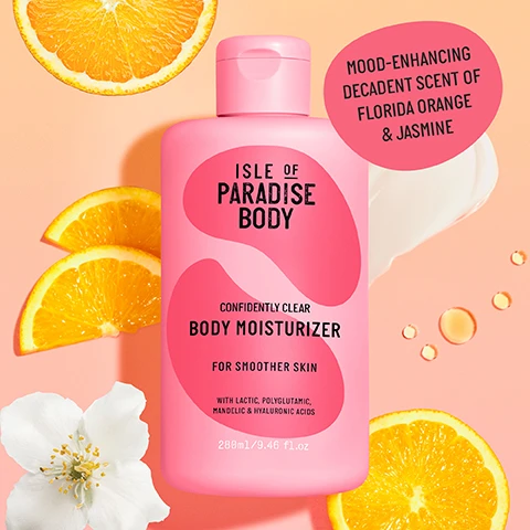 Image 1, mood enhancing decadent scent of florida orange and jasmine. image 2, restorative treatment to help improve the skins tone and texture. powerhouse blend of acids that reduce the appearance of body blemishes. lightweight, fast absorbing lotion that reveals a calmer, clearer complexion. formulated to be effective yet gentle enough for everyday use. 92% felt rough skin was smoother after 1 week of daily use. image 3, lactic acid - reveals smoother, softer feeling skin. polyglutamic acid = acts as a powerful hydrator to quench dry skin and lock in moisture. salicylic acid = decongests pores to help reduce frequency of breakouts.