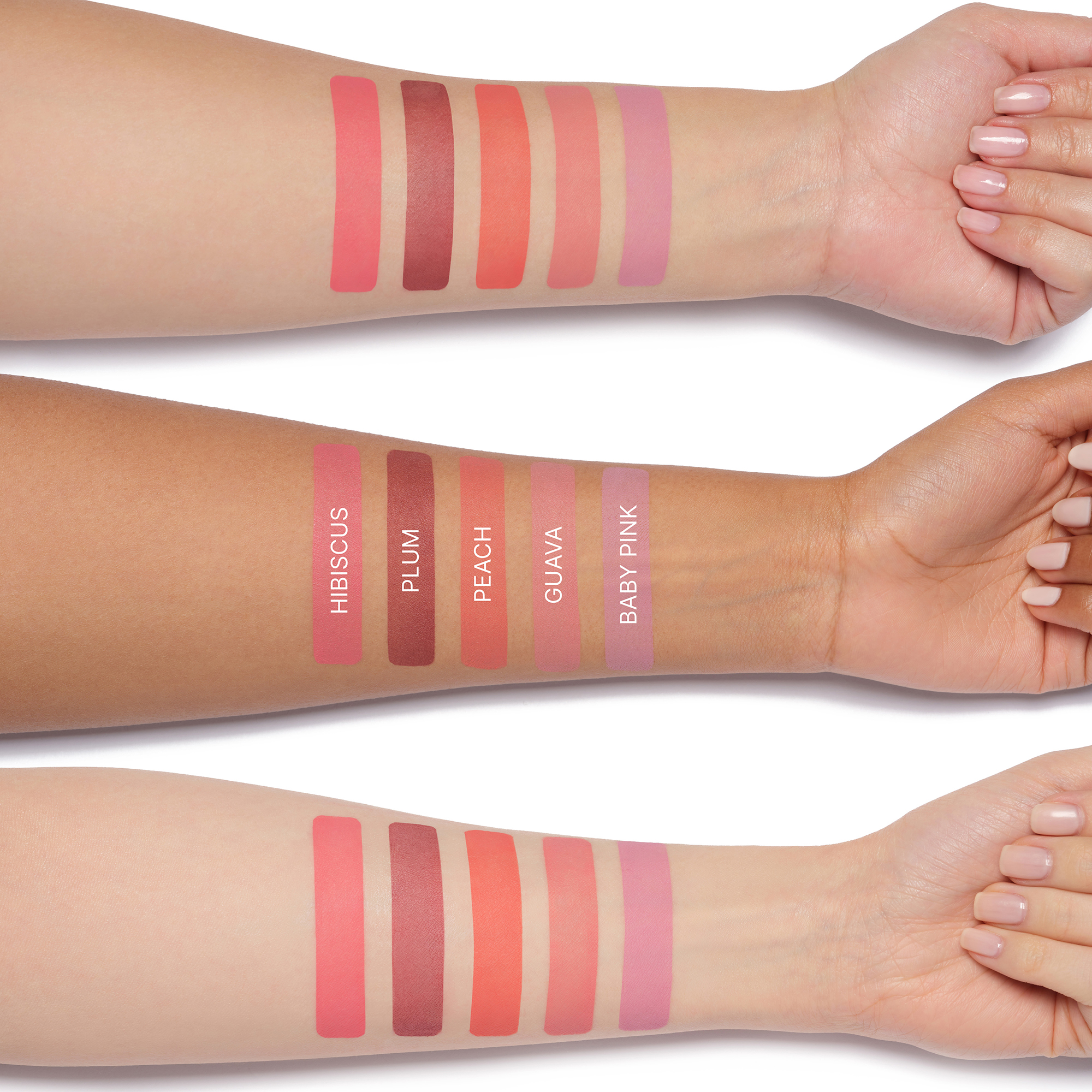 Hibiscus, plum, peach, guava, baby pink.