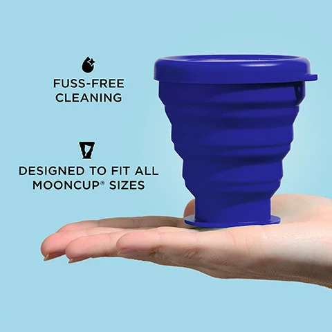 Image 1 - A hand holding a blue silicone menstrual cup against a light blue background, with the text FUSS-FREE CLEANING and DESIGNED TO FIT ALL MOONCUP® SIZES displayed beside the cup.
              Image 2 - A person is holding a collapsible blue cup against a light blue background, with the text PERFECT FOR USE AT HOME, AWAY OR ON-THE-GO and an arrow pointing towards the cup with the words SHAKE & GO.
              Image 3 - An image showing a pink menstrual cup beside a blue sterilising container with icons demonstrating three methods of use: in the microwave, rinse, shake & go, and with sterilising solution, against a light blue background.
              Image 4 - A hand holds a blue collapsible container with a wavy design on its surface, displayed against a light blue background, with text that reads COLLABORABLE DESIGN MEDICAL GRADE SILICONE.