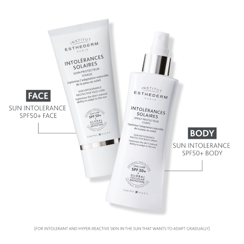 FACE SUN INTOLERANCE SPF50+ FACE INSTITUT ESTHEDERM PARIS INTOLERANCES SOLAIRES SOIN PROTECTEUR VISAGE Optimise l'adaptation nature del pas SUN INTOLERANCE PROTECTIVE FACE CARE Other F50+ GLOBAL CELULAR CADS INSTITUT ESTHEDERM PARIS INTOLERANCES SOLAIRES SPRAY PROTECTEUR CORPS Oparalle de NON INTOLERANCE PROTECTIVE BODY SPRAY BODY SUN INTOLERANCE SPF50+ BODY SPF 50+ OBAL PROTECTION CADS (FOR INTOLERANT AND HYPER-REACTIVE SKIN IN THE SUN THAT WANTS TO ADAPT GRADUALLY)