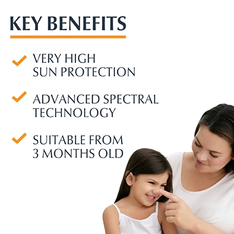 Image 1 - A woman is gently touching the nose of a smiling girl with long brown hair, and text beside them lists key benefits: very high sun protection, advanced spectral technology, suitable from 3 months old.
              Image 2 - A woman applies cream to a childs face, highlighting products safe for sensitive skin, with text stating for kids, extra water-resistant, and anti sand.
              Image 3 - A smooth, creamy white substance is shown, with labels pointing to LICOCHALCONE A and GLYCYRRHETINIC ACID.
              Image 4 - An orange background with rays of light features the text that reads clinically proven results good skin tolerability on childrens sensitive skin.
              Image 5 - Image shows three bottles of Eucerin sun products labeled as Eucerin Sun Kids, Eucerin Sun Body, and Eucerin Sun Face, with the tagline Discover More at the top.