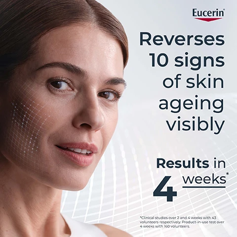 Image 1 - A close-up of a womans face showcasing her healthy skin, with text stating Reverses 10 signs of skin ageing visibly and Results in 4 weeks along with a note about clinical studies.
              Image 2 - A close-up of a womans face displaying skin benefits with visible text listing ten benefits: Firmness, Lifting effect, Wrinkle reduction, Fine line reduction, Contours, Hydration, Radiance, Rejuvenation, Evenness, Smoothness.
              Image 3 - Image shows a side-by-side comparison of skin before and after using a product, with Before labeled on the left and After on the right; at the top, theres the text Clinically Proven, and at the center, it states Up to -78% wrinkle volume* with a note below about a clinical study.
              Image 4 - A close-up image of clear water bubbles with the text Eucerin at the top right corner, and the following text below: With Epicelline® Reactivates silenced youth genes Reverses epigenetic changes Rejuvenates the skin cells Patented Age Clock Technology.
              Image 5 - Image shows three separate sections with different skincare ingredients; the first section titled Epicelline® describes reactivating the skins youth genes at the root, the second titled Hyaluronic Acid mentions retaining moisture and penetrating to plump up wrinkles, and the third titled Glycine Saponin states it stimulates the skins own production of Hyaluronic Acid, Collagen and Elastin, with a Eucerin logo in the top right corner.
              Image 6 - Image shows three Eucerin skincare products labeled as follows: 1. Hyaluron-Filler Epigenetic Serum, 2. Hyaluron-Filler Day Care, and 3. Hyaluron-Filler Eye Care.
              Image 7 - A woman is applying a cream to her cheek, with text on the left stating For all skin types, Light & fast absorbing, Non-sticky & non-greasy, and the brand logo Eucerin at the top.
              Image 8 - A hand holding a silver bottle of Eucerin Hyaluon-Filler Epigenetic Serum with the text Apply to face, neck & décolleté on cleansed skin morning & evening.
