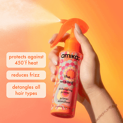 protects against 450°f heat, reduces frizz, detangles all hair types.SEA BUCKTHORN - nourishes hair
              AVOCADO OIL - promotes moisture + smoothing benefits. haircare essentials
              detangle + heat-protect
              moisturize + soften
              absorb oil + reduce odor
              for nourishing cleanse + condition. from that, to this
              the wizard detangling primer had a makeover!
              PACKAGING MAY VARY. protects hair against heat up to 450°f. BEFORE / AFTER
              the wizard detangling hair primer