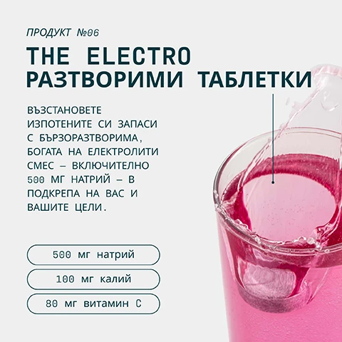 Image 1 - An effervescent tablet is shown dissolving in a glass of pink liquid, accompanied by text that reads: ПРОДУКТ №06 THE ELECTRO РАЗТВОРИМИ ТАБЛЕТКИ ВЪЗСТАНОВЕТЕ ИЗПОТЕНИТЕ СИ ЗАПАСИ С БЪРЗОРАЗТВОРИМА, БОГАТА НА ЕЛЕКТРОЛИТИ СМЕС – ВКЛЮЧИТЕЛНО 500 МГ НАТРИЙ – В ПОДКРЕПА НА ВАС И ВАШИТЕ ЦЕЛИ. 500 мг натрий 100 мг калий 80 мг витамин С. Image 2 - The image shows a stack of three pink round effervescent tablets with a score line and one tablet lying in front, indicating dimensions of 0.8 cm height and 2.5 cm diameter, along with the text БЪРЗОРАЗТВОРИМА ХИДРАТАЦИЯ, СЪЗДАДЕНА ЗА ВАШИТЕ ЦЕЛИ, 0,8 см, 2,5 см. Image 3 - A man in black running on an athletics track with a green sports field in the background, next to a circular logo that says INFORMED WE TEST YOU TRUST with a green checkmark, and below it, the green text CHOICE followed by the white text Всеки месец от нашия сайт се вземат проби и се тестват от независими организации за забранени вещества. Image 4 - A person in a wetsuit swims in dark, rippling water, with the overlaying text reading: PRO Е НАЧИН НА МИСЛЕНЕ ТОВА Е ОТДАДЕНОСТ, ПОСТОЯНСТВО И ДИСЦИПЛИНА ВЪВ ВСЕКИ АСПЕКТ НА ЖИВОТА. PRO Е СЪЗДАДЕН, ЗА ДА ПОДДЪРЖА ВИСОКОЕФЕКТИВЕН ЖИВОТ И ВЪРХОВИ ФИЗИЧЕСКИ ПОСТИЖЕНИЯ.