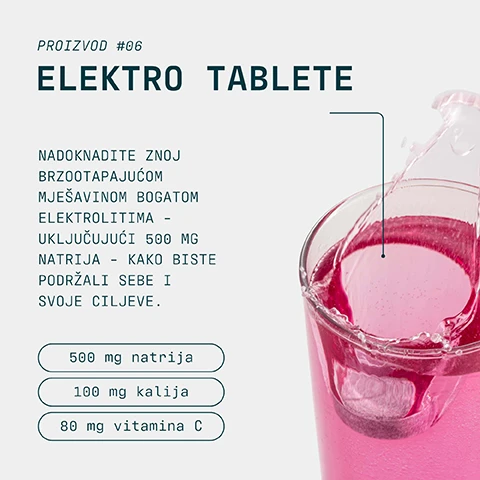 Image 1 - A pink effervescent tablet dissolving in a glass of pink liquid with splashes, accompanied by text that reads: PROIZVOD #06 ELEKTRO TABLETE NADOKNADITE ZNOJ BRZOOTAPAJUĆOM MJESAVINOM BOGATOM ELEKTROLITIMA - UKLJUČUJUĆI 500 MG NATRIJA - KAKO BISTE PODRŽALI SEBE I SVOJE CILJEVE. 500 mg natrija 100 mg kalija 80 mg vitamina C. Image 2 - A stack of three pink, round effervescent tablets and one lying on its side are shown with measurements indicating a 0.8 cm height and 2.5 cm diameter, accompanied by the text BRZOOTAPAJUĆA HIDRATACIJA STVORENA ZA ZAHTJEVNE TRENINGE. Image 3 - A man runs on a red athletic track against a stadium background, with a logo and text overlay that reads Informed Choice, We Test You Trust, followed by CHOICE Svaki mjesec nasumično odabrane uzorke s naše lokacije neovisno testiraju treće strane na zabranjene supstance. Image 4 - A person is swimming in dark, wavy water, with white text overlaying the image that reads PRO JE NAČIN RAZMIŠLJANJA TO JE PREDANOST, POSVEĆENOST I DOSLJEDNOST U SVIM ASPEKTIMA ŽIVOTA. PRO JE STVOREN DA PODRŽI ŽIVOT S VRHUNSKIM UČINKOM I MAKSIMALNU IZVEDBU.
