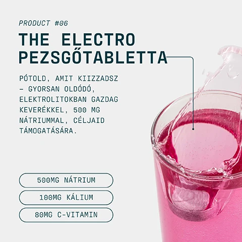 Image 1 - A glass of pink liquid with an effervescent tablet dissolving and splashing, next to text that reads: PRODUCT #06 THE ELECTRO PEZSGŐTABLETTA PÓTOLD, AMIT KIIZZADSZ - GYORSAN OLDÓDÓ, ELEKTROLITOKBAN GAZDAG KEVERÉKKEL, 500 MG NÁTRIUMMAL, CÉLJAID TÁMOGATÁSÁRA. 500MG NÁTRIUM 100MG KÁLIUM 80MG C-VITAMIN. Image 2 - A stack of three round pink effervescent tablets with one tablet lying in front, showing a diameter of 2.5 CM and a thickness of 0.8 CM, accompanied by the text GYORSAN OLDÓDÓ HIDRATÁLÁS A NAGY EDZÉSEKHEZ. Image 3 - A man in black athletic wear runs on a red track with a green field and stadium lights in the background, next to a circular logo that reads INFORMED WE TEST YOU TRUST with a green checkmark, followed by the text CHOICE and Minden hónapban vakmintákat vételeznek és vizsgálnak független laborban tiltott összetevőkre. Image 4 - Overhead view of a person in a wetsuit swimming in dark, wavy ocean water, with white text overlayed that reads: A PRO EGY HOZZÁÁLLÁS ELKÖTELEZETTSÉG, KITARTÁS ÉS KÖVETKEZETESSÉG AZ ÉLET MINDEN TERÜLETÉN. A PRO AZÉRT KÉSZÜLT, HOGY TÁMOGASSA A CSÚCSTELJESÍTMÉNYŰ ÉLETET ÉS FIZIKAI TELJESÍTMÉNYT.