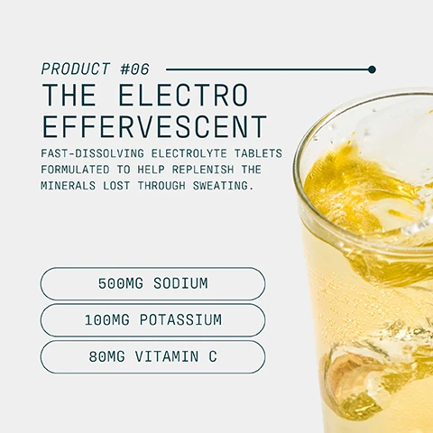Image 1 - A glass shows a yellow effervescent drink with a dissolving tablet, alongside text that reads PRODUCT #06 THE ELECTRO EFFERVESCENT FAST-DISSOLVING ELECTROLYTE TABLETS FORMULATED TO HELP REPLENISH THE MINERALS LOST THROUGH SWEATING. 500MG SODIUM 100MG POTASSIUM 80MG VITAMIN C. Image 2 - A stack of four round, light brown, speckled tablets with a score line, next to a single tablet lying flat, with dimensions labeled as 2.5 CM wide and 0.8 CM high, with the text FAST-DISSOLVING HYDRATION BUILT FOR BIG SESSIONS.