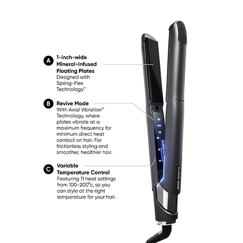 1 inch wide mineral infused floating plates - designed with spring flex technology. revive mode - with axial vibration technology, where plates vibrate at a maximum frequency for minimum direct heat contact on hair. for frictionless styling and smoother, healthier hair. variable temperature control - featuring 11 heat settings from 100 to 200 degrees so you can style at the right temperature for your hair.