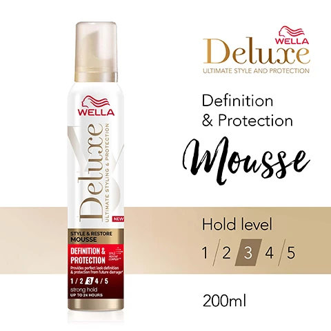 Image 1, definition and protection mousse. hold level 3 out of 5. image 2, extra strong up to 24 hours, no stickiness. helps restore healthy looking shiny hair. image 3, definition and protection mousse with style rescue complex, protect the hair from - heat, frizz and UV rays. image 4, no silicones, gentle to hair and scalp, dermatologically tested. formulated without animal derived ingredients. image 5, heal you dry hair before you style. achieve long lasting treatment without stickiness. image 6, discover more products from wella deluxe. step 1 = prep the look. step 2 = form the look. step 3 = finish the look.