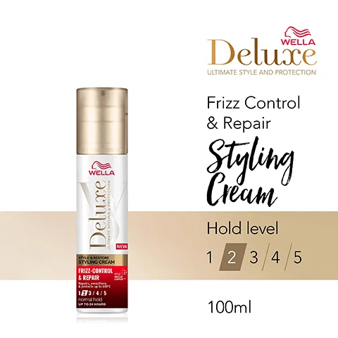 Image 1, frizz control and repair styling cream, hold level 2 out of 5. image 2, helps restore your hair from within. no stickiness. repairs, smoothes and protects up to 230c. image 3, style rescue complex - protects the hair from = heat, breakage, frizz and UV rays. image 4, gentle to hair and scalp. dermatologically tested. formulated without animal derived ingredients. image 5, repairs, smoothen and protect your hair. achieve frizz free looks. image 6, discover more products from wella deluxe. step 1 = prep the look. step 2 = form the look. step 3 = finish the look.