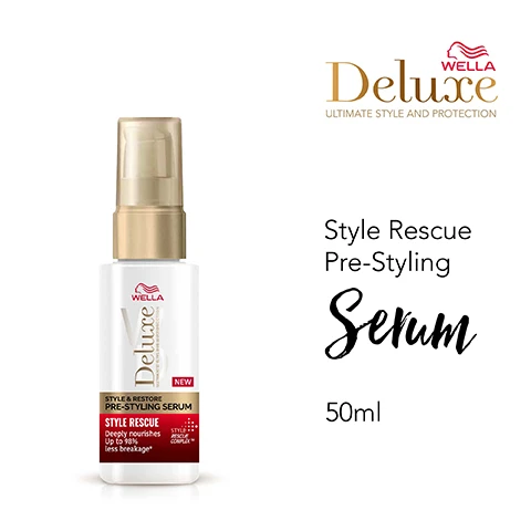 Image 1, style rescue pre styling serum. image 2, up to 98% less breakage when you style. deeply nourishes your hair. restores strength, smoothness and shine. vs non conditioning shampoo. image 3, style rescue complex protect the hair from = heat, breakage, frizz, UV rays. image 4, 92% natural derived formula, gentle to hair and scalp, dermatologically tested. formulated without animal derived ingredients. image 5, deeply nourishes your hair before you style, up 98% less breakage. vs non conditioning shampoo. image 6, discover more products from wella deluxe. step 1 = prep the look. step 2 = from the look. step 3 = finish the look.