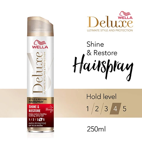 Image 1, shine and restore hairspray. hold level 4 out of 5. image 2, extra strong hold up to 24 hours, no stickiness. helps restore healthy looking shiny hair. formula enriched with pro vitamin B5 and jojoba oil. image 3, kerashield 5 protects your hair from = dryness, frizz, dullness, mechanical damage, UV rays. image 4, gentle to hair and scalp. dermatologically tested. formulated without animal derived ingredients. image 5, heal your dry hair before you style. achieve long lasting treatment without stickiness. image 6, discover more products from wella deluxe. step 1 = prep the look. step 2 = form the look. step 3 = finish the look