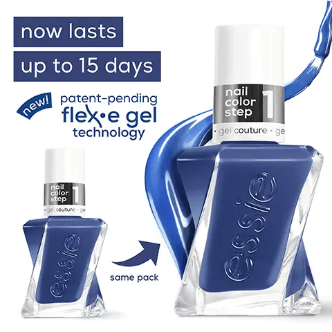 Image 1, now lasts up to 15 days new! patent-pending flex e gel technology nail color step • gel couture.ge nail color step -gel couture-ge essie same pack essie Image 2, up to 15 days of 23 gel-like wear MONDA THURSDAY FRIDAY geloessie SATURDAY 18 19 20 2002 26 27 2 Image 3, glass-like shine triple shine complex gelovessie Image 4, 2 easy steps no UV lamp nail color step top coat step elcouture ge gel couture ge colour top coat Image 5, swirl stem brush nail color step el couture g controlled application even product distribution smooth & plump result gelyessie