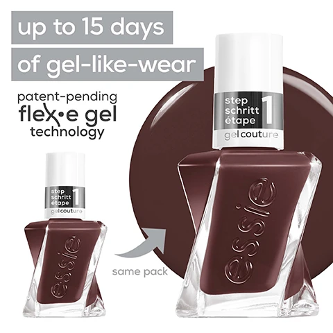 Image 1 - A bottle of Essie nail polish with a geometric design appears next to a small circle of matching dark brown polish, showcasing text that reads up to 15 days of gel-like-wear, patent-pending flexe gel technology, and step 1 gel couture.
              Image 2 - A hand displaying neatly manicured nails painted in a dark brown shade holds a bottle of Essie nail polish, with visible text reading glass-like shine, triple shine complex, and gel by essie.
              Image 3 - Image features two bottles of Essie nail polish side by side, with the left labeled step 1 featuring a dark brown color and the right labeled step 2 featuring a white top coat, with the header text 2 easy steps above them.
              Image 4 - Two circular labels on a gray background, one stating vegan formula with the text no animal-derived ingredients or by-products, and the other stating committed to no animal testing.