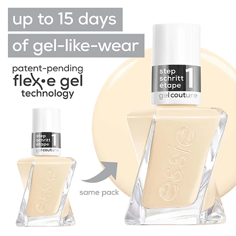 Image 1 - A bottle of Essie nail polish with a white cap labeled step 1 next to a beige polish swatch, featuring text that reads up to 15 days of gel-like-wear and patent-pending flex·e gel technology, along with an arrow pointing to the bottle that says same pack.
              Image 2 - A hand with neatly manicured, light beige nails holds a bottle of Essie nail polish, with the text glass-like shine and triple shine complex visible in the background.
              Image 3 - Image shows two bottles of nail polish side by side, labeled colour and top coat with the numbers 1 and 2 respectively, both marked as step along with gel couture branding.
              Image 4 - Two circular logos with a gray background; one states vegan formula with no animal-derived ingredients or by-products, and the other states committed to no animal testing.