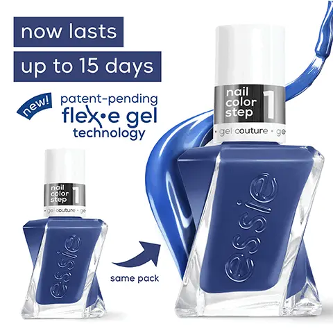now lasts up to 15 days new! Patent-pending flex e gel technology, same pack. Up to 15 days of gel-like wear. glass-like shine triple shine complex, gel by essie. 2 easy steps, no UV lamp, colour, top coat. swirl stem brush, controlled application, even product distribution, smooth & plump result, gel by essie.