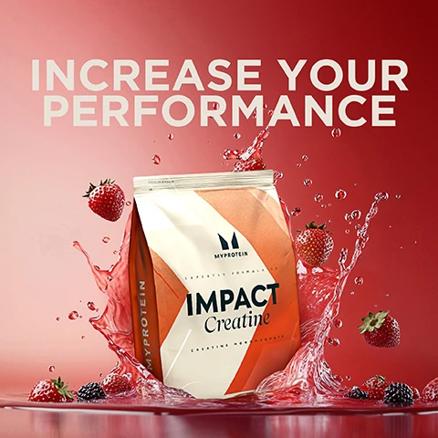 Image 1 - A packet of MyProtein Impact Creatine is surrounded by splashes of water and strawberries on a gradient red background, with the text Increase Your Performance displayed above.
Image 2 - A person holds a MyProtein shaker with a black lid, and text on the image reads 3G CREATINE PER SERVING EXPERTLY FORMULATED EASY TO USE ADD TO YOUR DAILY SHAKES AND SMOOTHIES.
Image 3 - A muscular man in workout attire sits on a weight bench, drinking from a shaker cup filled with a blue liquid, with weights in the foreground and text that reads SCIENCE BACKED. ATHLETE APPROVED.
Image 4 - A man in a black shirt is lifting a dumbbell with a focused expression in a gym setting, with the text A non-negotiable for anyone looking to optimise their performance displayed prominently.