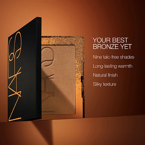 Image 1, your best bronze yet = nine talc free shades, long lasting warmth, natural finish, silky texture. image 2, climax mascara = lash moisture complex lifts and build without clumping. full bodied brush with ribbed bristles captures and coats each lash with buildable volume