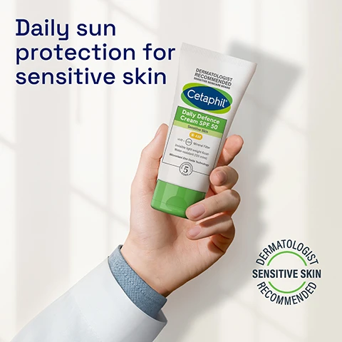 Image 1 - A person holding a tube of Cetaphil Daily Defence Cream SPF 50, with text that reads Daily sun protection for sensitive skin and DERMATOLOGIST RECOMMENDED.
              Image 2 - Image showing a skincare routine for normal to dry sensitive skin, featuring three products: a Gentle Skin Cleanser, a Moisturising Lotion, and a Protect with SPF cream, with the steps labeled as CLEANSE, MOISTURISE, and PROTECT.
              Image 3 - A hand holds a tube of Cetaphil Daily Defence moisturizer, and product text indicates DERMATOLOGIST RECOMMENDED and Suitable for all skin types.
              Image 4 - A Cetaphil Daily Defence Cream SPF 50 tube is placed on a white tiled surface next to a round mirror, with text indicating it defends against dryness, irritation, roughness, tightness, and weakened skin barrier, and highlights Skin Sensitivity 5 Signs.